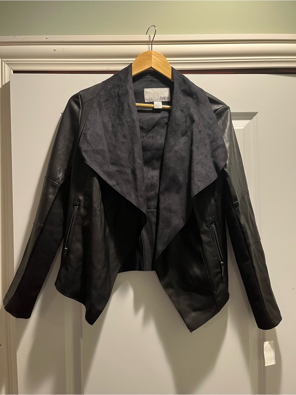 Bar III Black Draped Open-Front Faux-Leather Jacket